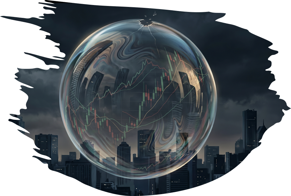 A giant soap bubble reflecting candlestick charts and city skyline, with a crack forming at the top — symbolizing a financial bubble on the verge of collapse