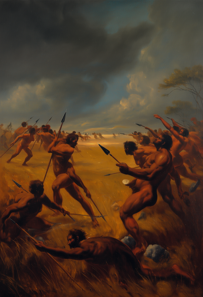 Prehistoric humans engaged in tribal conflict with spears — illustrating early competition and the roots of inequality