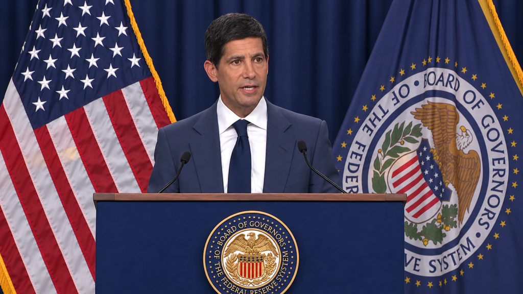 Fed Chair Kevin Warsh speaks at his press conference after the Fed holds rates on October 28, 2026